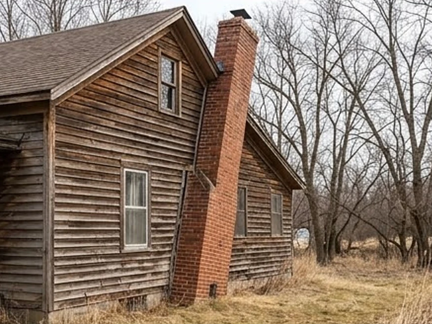 Leaning chimney on an old house, wider view: roof inspection in Columbus, MN