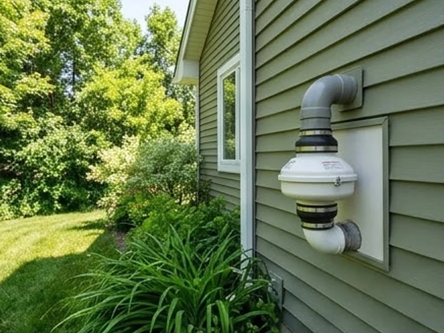 Radon fan on an exterior wall, summer: radon testing in Spirit Lake, IA