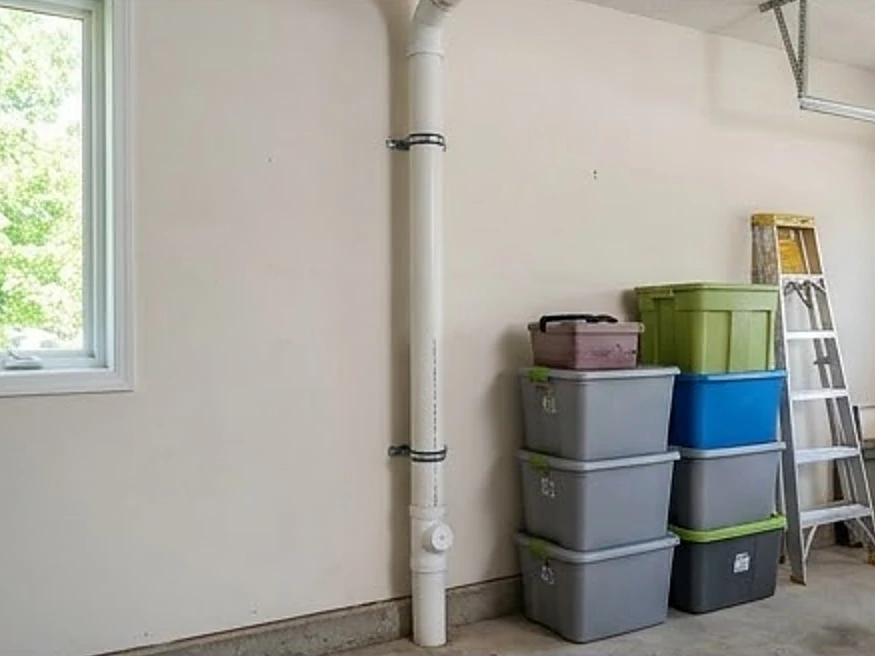 Radon pipe through a garage, summer: radon testing in Decorah, IA