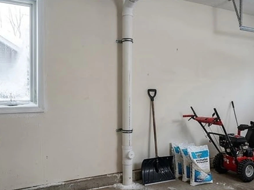 Radon pipe through a garage, winter: radon testing in Maplewood, MN