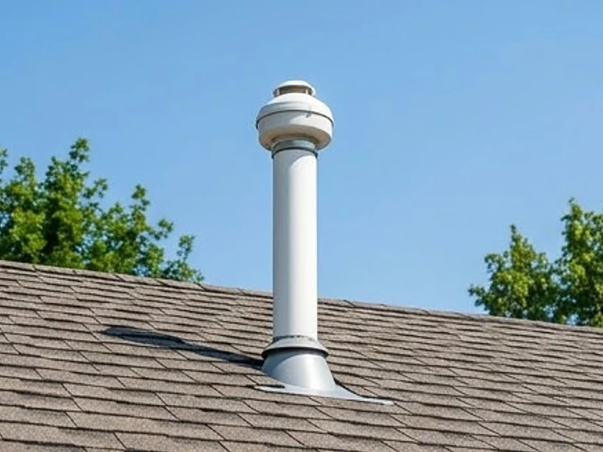 Radon pipe exiting above the roof, summer: radon testing in Champlin, MN