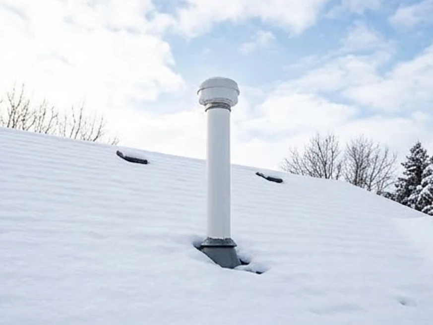 Radon pipe exiting above the roof, winter: radon testing in Waconia, MN