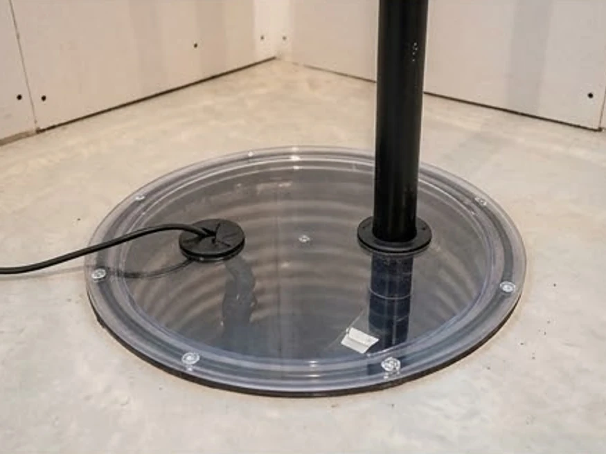 Sealed sump lid with radon pipe, newer home: radon testing in Champlin, MN