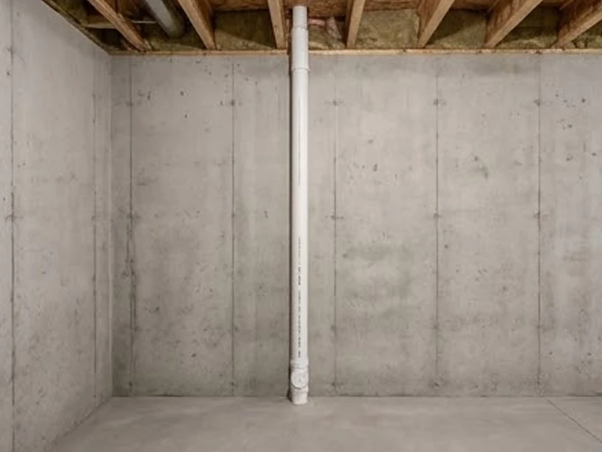 Radon pipe in an unfinished basement, newer home: radon testing in Maplewood, MN