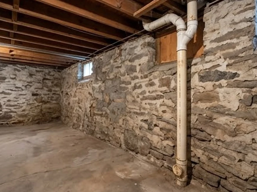 Radon pipe in an unfinished basement, older home: radon testing in Bloomington, MN