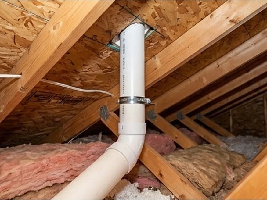 Radon pipe in an attic, close-up: radon testing in St. Louis Park, MN