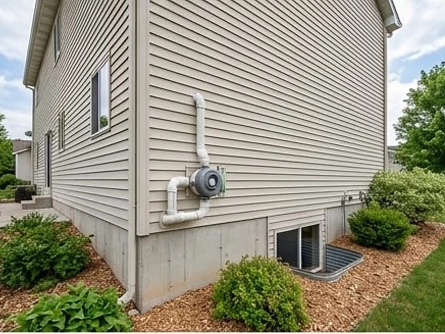 Radon fan with a U-tube gauge, wider view: radon testing in Hastings, MN