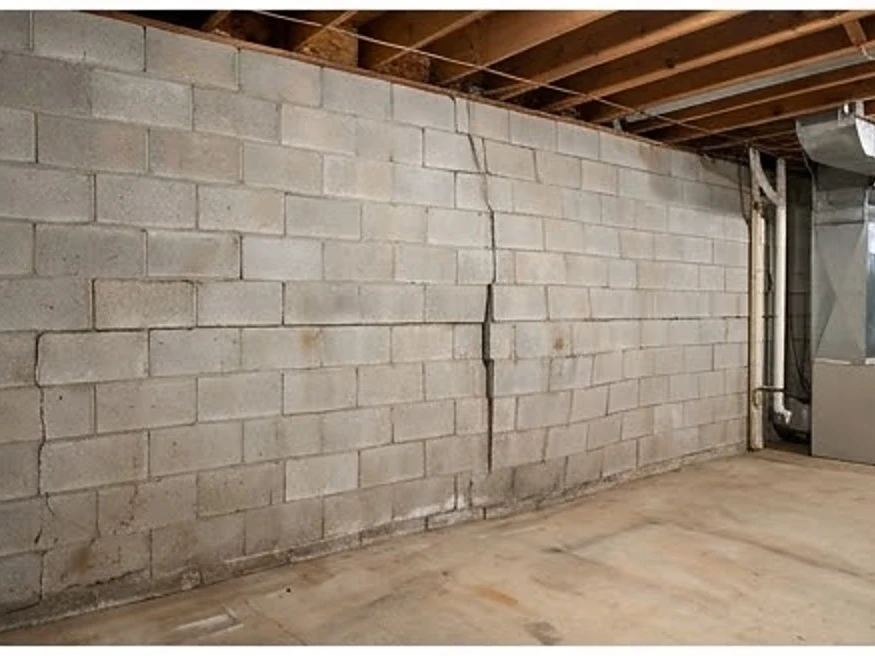 Bowed basement wall, wider view: foundation inspection in Rosemount, MN