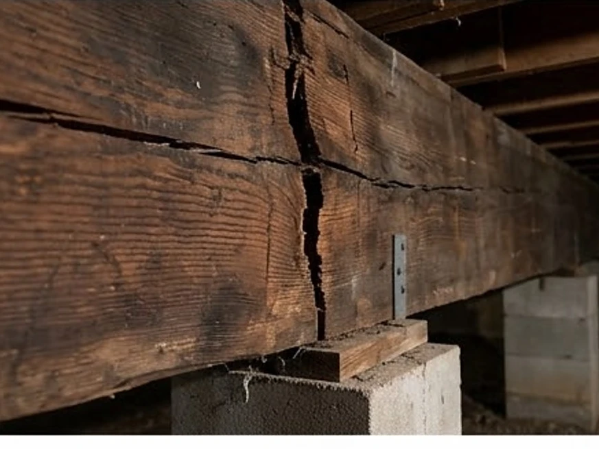 Cracked support beam, close-up: foundation inspection in Cedar Rapids, IA