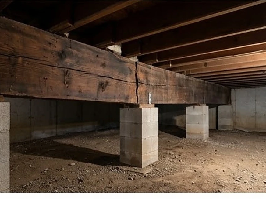 Cracked support beam, wider view: foundation inspection in Lakeville, MN