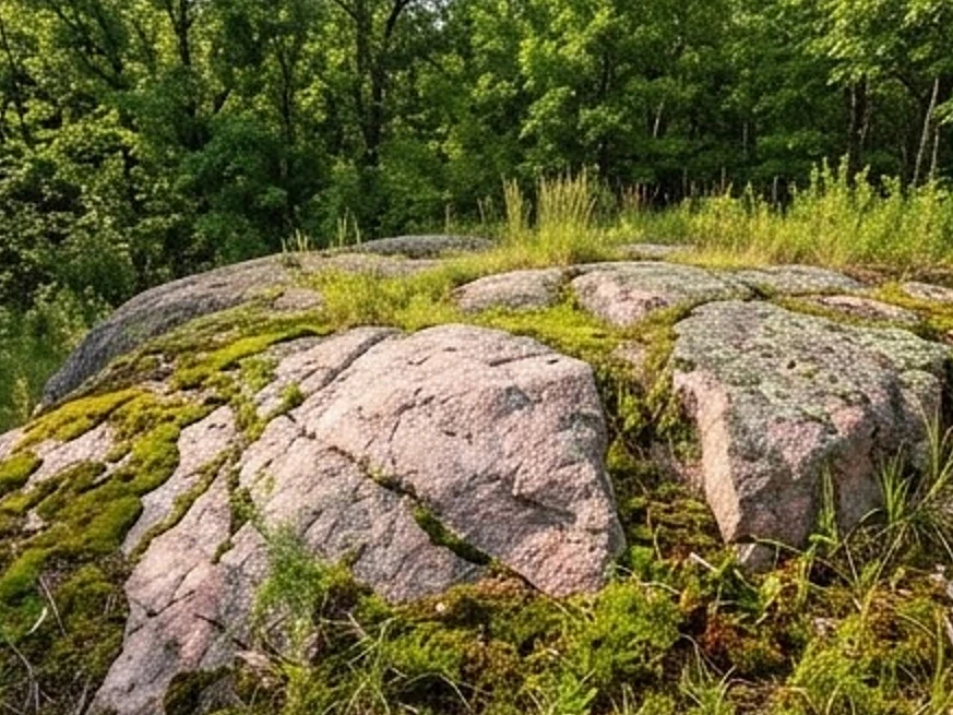 Granite rock outcrop in central Iowa, summer: radon testing in Waterloo, IA