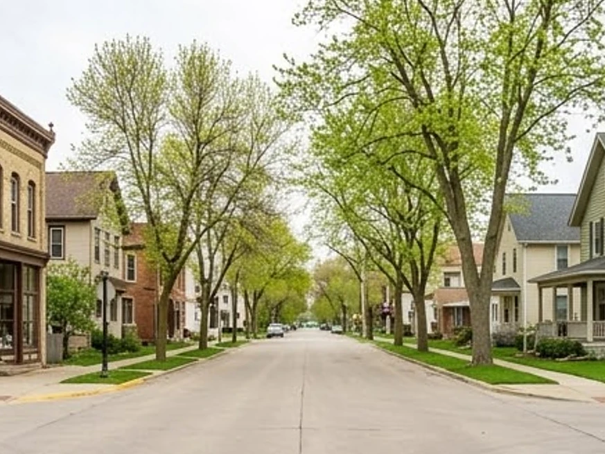 Iowa river town street, spring: residential inspection in Emmetsburg, IA