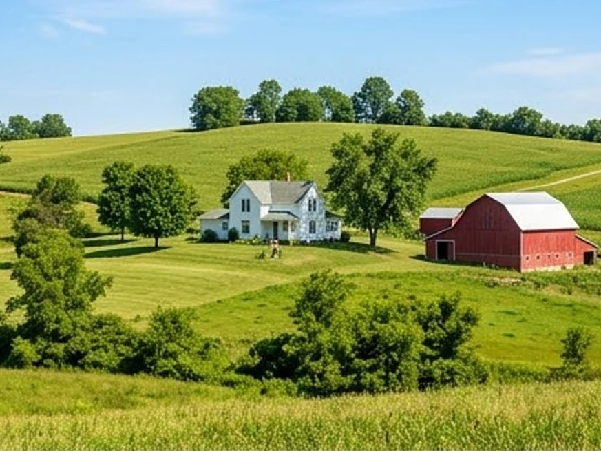 Southern Iowa rolling farmland with a farmhouse, summer: residential inspection in Marshalltown, IA