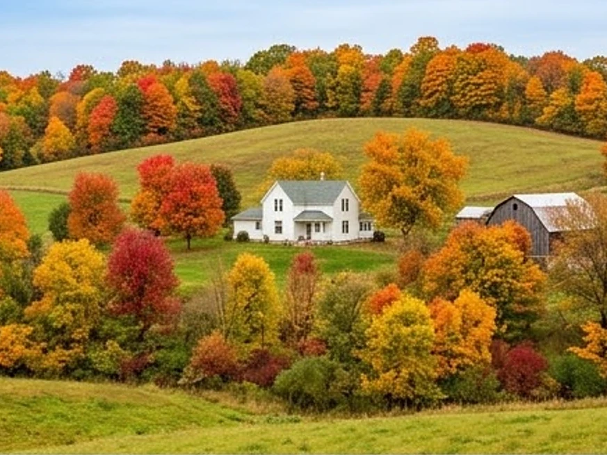 Southern Iowa rolling farmland with a farmhouse, autumn: residential inspection in Cresco, IA