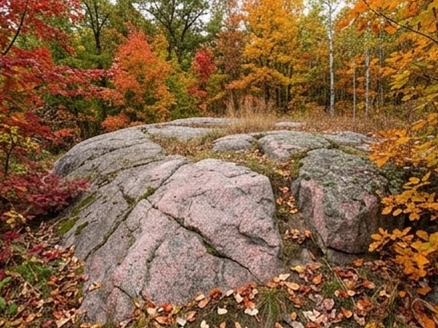 Granite rock outcrop in central Minnesota, autumn: radon testing in St. Clair, MN