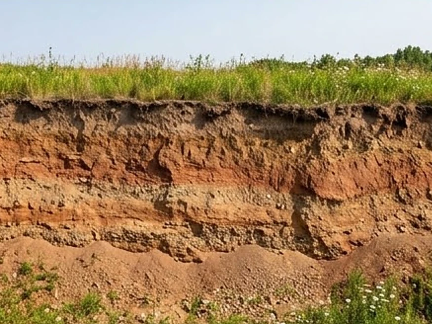 Road cut showing glacial soil layers, summer: radon testing in Ham Lake, MN