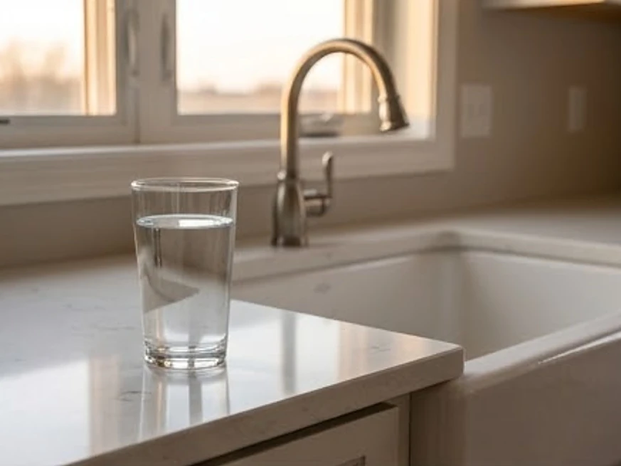 Swea City, IA water testing: glass of water at an Iowa farmhouse kitchen sink, evening