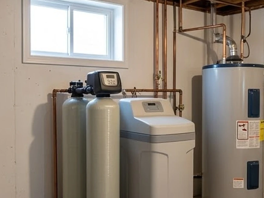 Water softener in an Iowa basement, morning: well water testing in Livermore, IA