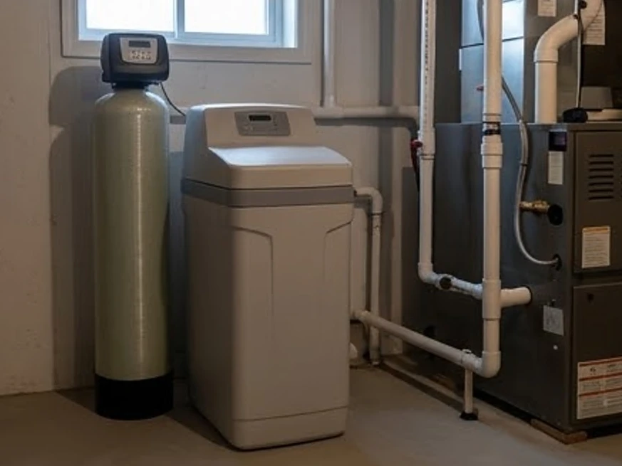 Water softener in an Iowa basement, evening (Kossuth County, Iowa)