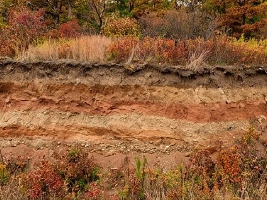 Road cut showing glacial soil layers, autumn: radon testing in St. Clair, MN