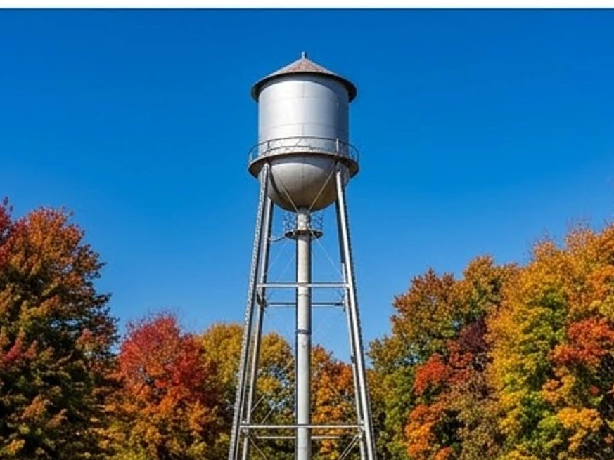 Madrid, IA water testing: iowa small-town water tower, autumn