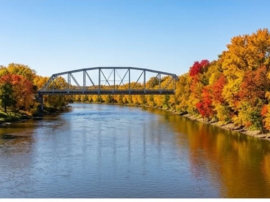 Iowa river with a bridge, autumn (Boone County, Iowa)