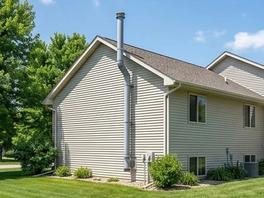 Iowa home with radon vent pipe, summer: radon testing in Des Moines, IA