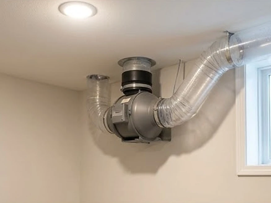 Iowa basement with radon fan, summer: radon testing in Des Moines, IA