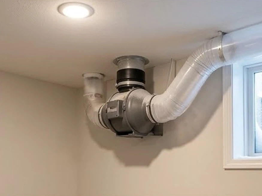Iowa basement with radon fan, winter: radon testing in West Des Moines, IA