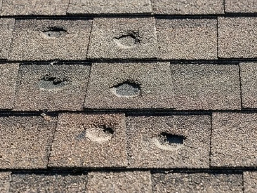 Hail-damaged shingles on an Iowa home, close-up: roof inspection in Urbandale, IA