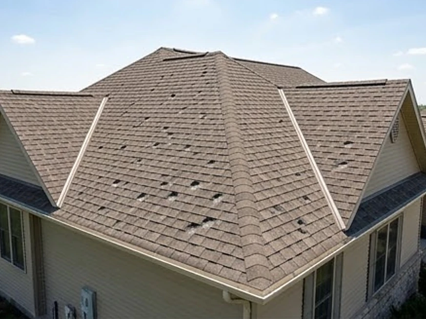 Hail-damaged shingles on an Iowa home, wider view: roof inspection in Iowa City, IA