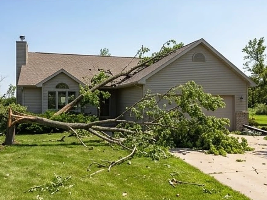 Iowa home after a windstorm with fallen branches, wider view: roof inspection in Iowa City, IA