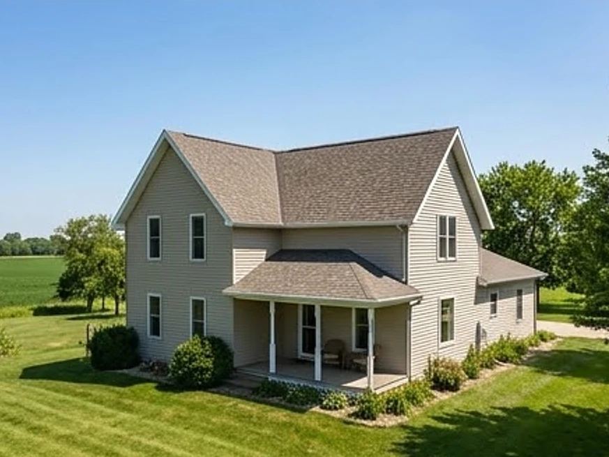 New roof on an Iowa farmhouse, wider view: roof inspection in Dubuque, IA