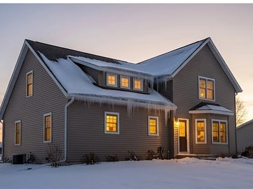 Iowa home with ice dams, dusk: roof inspection in Dubuque, IA