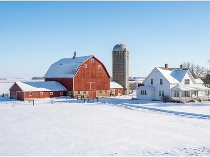 Snow-covered Iowa farmstead, morning: roof inspection in Ames, IA