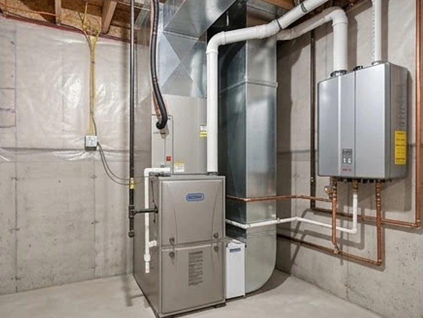 Basement utility room with furnace and water heater, newer home: residential inspection in Maplewood, MN