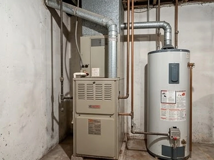 Basement utility room with furnace and water heater, older home: home inspection in White Bear Lake, MN