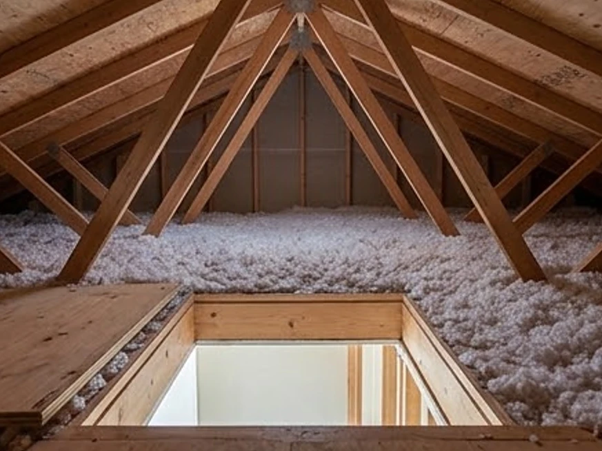 Attic from the hatch with insulation, autumn: residential inspection in Spencer, IA