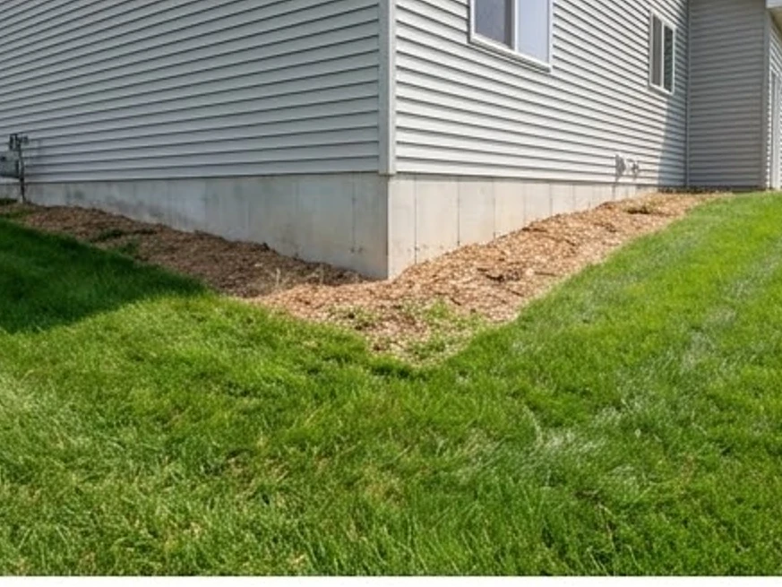 Grading around a house corner, summer: pre-listing inspection in Bloomington, MN