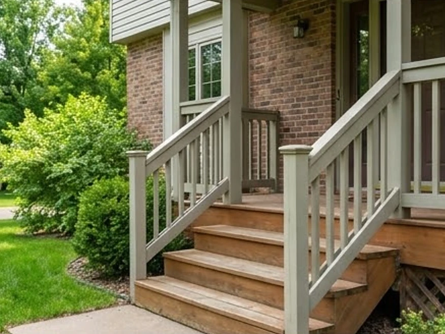 Front porch steps and railing, summer: pre-listing inspection in Bloomington, MN