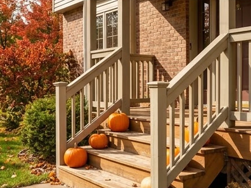 Front porch steps and railing, autumn: residential inspection in Ames, IA