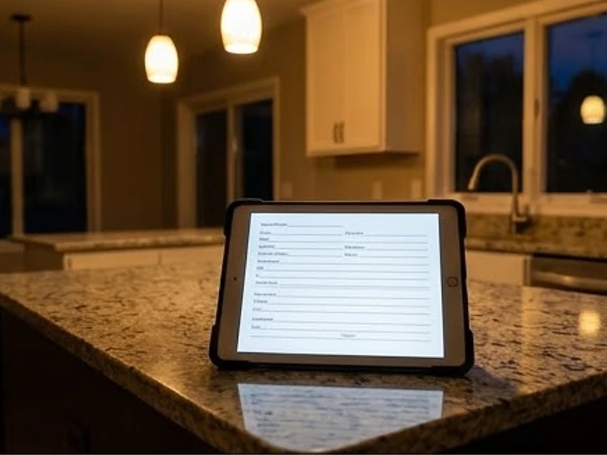 Tablet with blank report screen on a counter, evening: home inspection in Mankato, MN