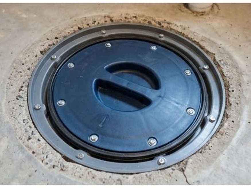 Sump pit with gasket lid, close-up: radon testing in Lakeville, MN