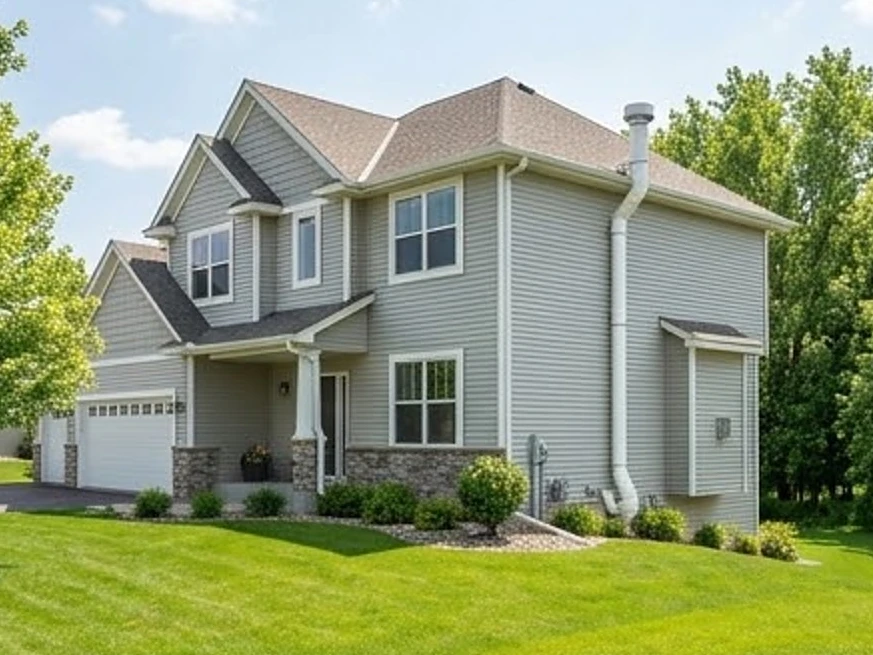 Home with radon pipe on the side, summer: radon testing in Savage, MN