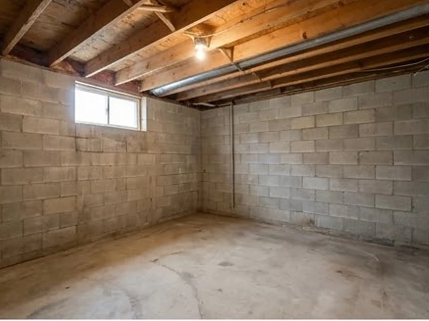 Unfinished lower level with block walls, older: radon testing in South Saint Paul, MN