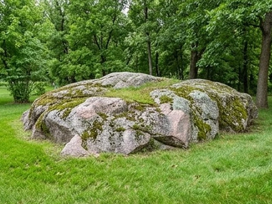 Granite outcrop in a yard, summer: radon testing in Coon Rapids, MN