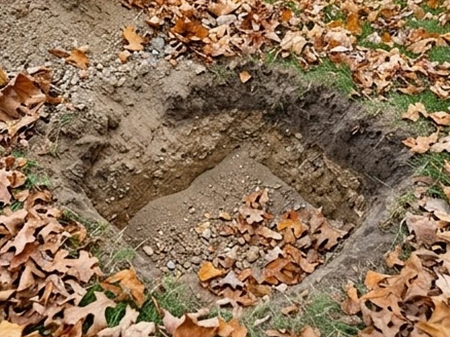 Glacial gravel soil in a dug hole, autumn: radon testing in Clear Lake, IA