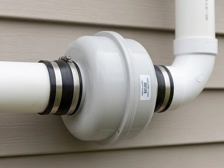 Radon fan close-up, newer system: radon testing in Spring Lake Park, MN