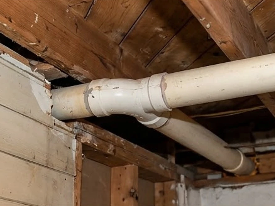 Radon pipe through a rim joist, older system: radon testing in Saint Paul, MN