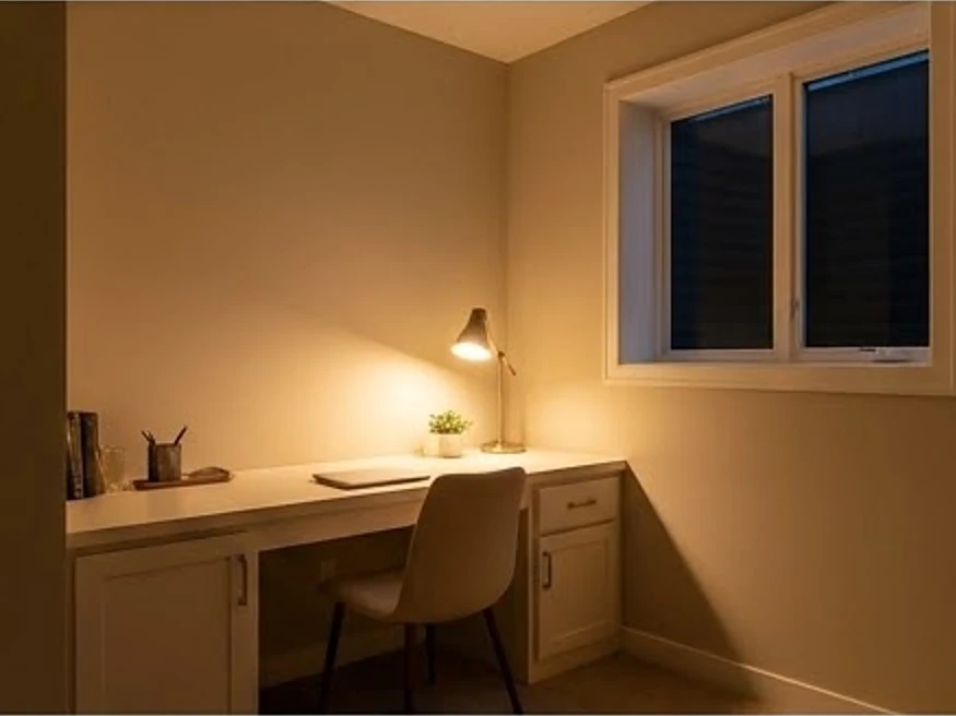 Basement home office, warm lamp light: radon testing in West Saint Paul, MN